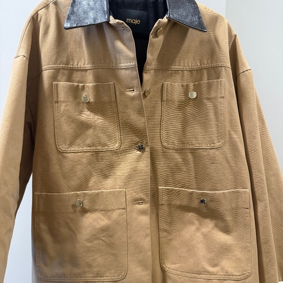 Maje Tan Utility Jacket with Leather Collar - Picture 1 of 1